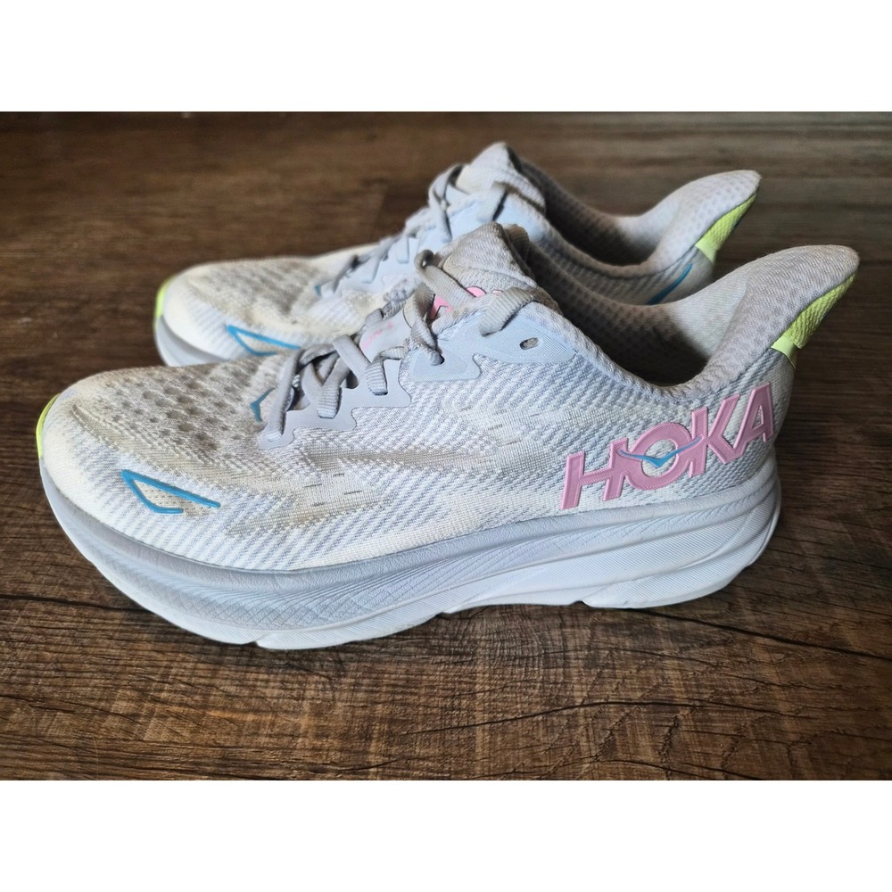Hoka One One Clifton 9 Womens Size 6.5D Wide Running Shoes Blue Lime